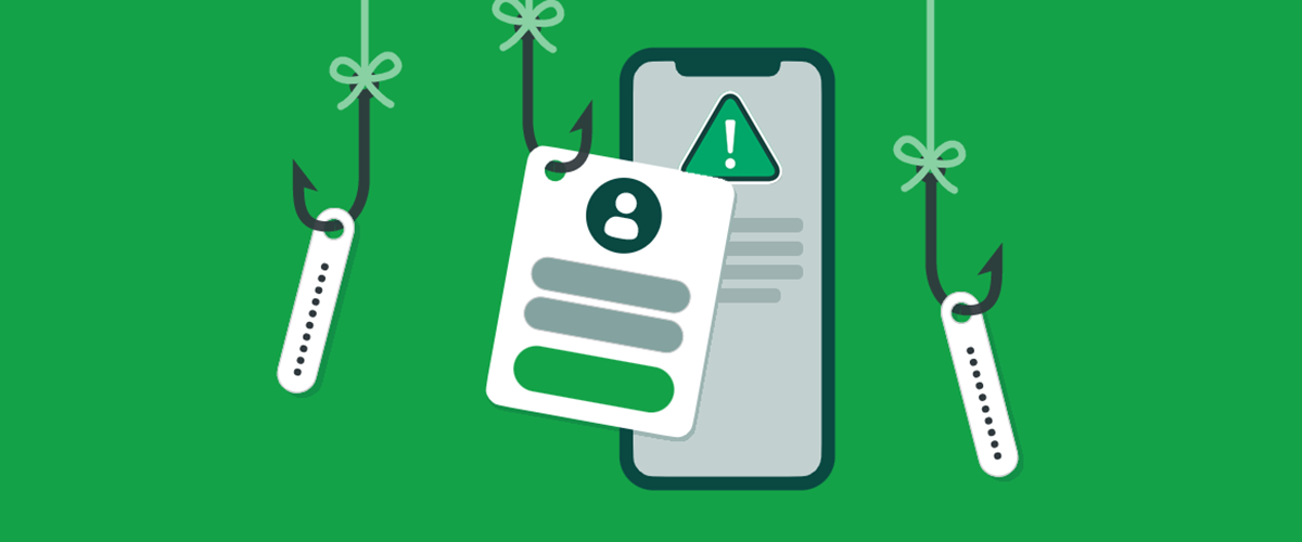 Graphic of a phone and in the foreground are fishing hooks representative of phishing scams.